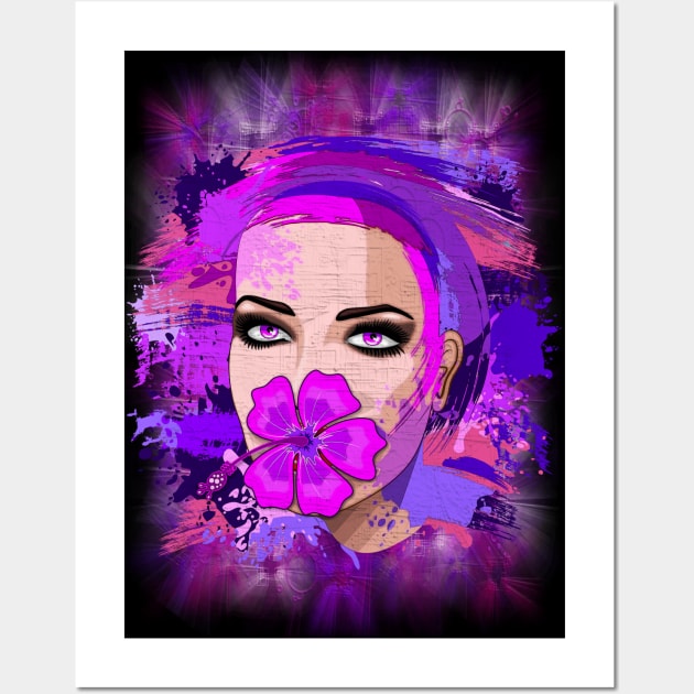 Girl with Pink Hibiscus on Lips Wall Art by BluedarkArt